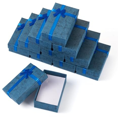 Boutigem 12 cajas de regalo rectangulares de papel pequeñas con lazo azul, collares, aretes, anillos, caja de embalaje de joyería