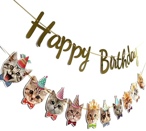YUNSHANGMO Happy Birthday Cat Banner Garland Cat Face Bday Party Bunting