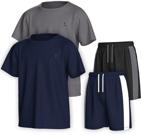 Essenclo Boys Clothing Sets Tagless Loose Athletic Performance Crew Neck T-Shirt and Short Outfits Size 3-16 (4 Piece Set) - Set-3-15-16