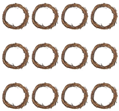 PATIKIL 4 Inch Rattan Wreath, 12 Pcs Christmas Round Natural Vine Branch Wreath Garland Floral Ring Hoop for Door Window Hanging Decorations, Brown