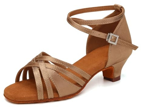 YCALCP Scarpe da Ballo Latino Americano Bambina Punta Aperta Tacco Basso Standard Salsa Bachata Scarpe da Ballo da Sala,EM-930-XGG-Marrone Chiaro-4,EU 37.5
