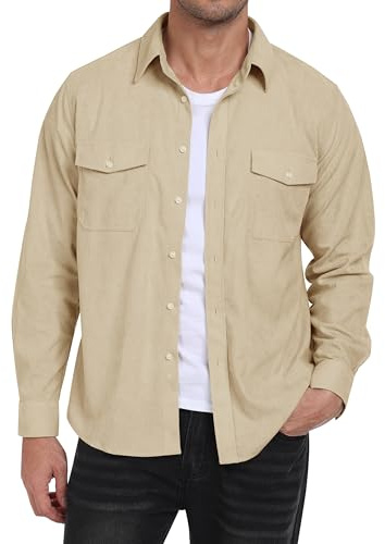 MoFiz Camicia da Uomo in Velluto a Coste Maniche Lunghe Camicia Giacca Casual Button-Down Calda Morbida Camicia Autunno Inverno con Tasche Beige EU XXL