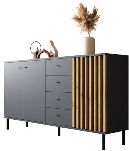 Newroom Sideboard Schwarz Wildeiche Sideboard Modern Vintage - 160x85x40 cm (BxHxT) - Highboard Anrichte - [Ebono.Three] Wohnzimmer Schlafzimmer Flur Esszimmer