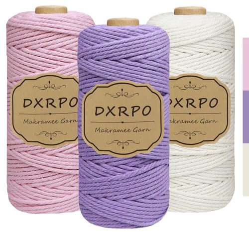 DXRPO Hilo Macrame 3 Unidades de 3 mm x 100 m, Cuerda Macrame de Algodón para Manualidades, Plantas Colgantes, Navidad, Decoración Bohemia (Naturaleza Rosa Púrpura)