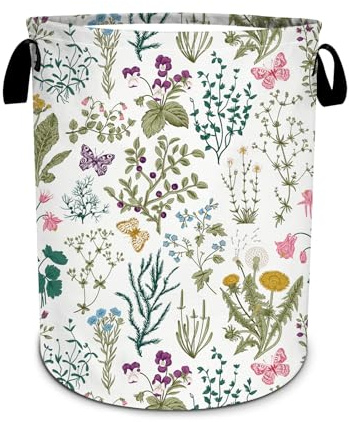 Vintage Floral Laundry Basket, Plants Herbs Flower Laundry Hamper Foldable Waterproof Funny Tote Bag Dirty Clothes Storage Bucket Toy Organizer for Bathroom/Laundry/Bedroom 15.7x19.6