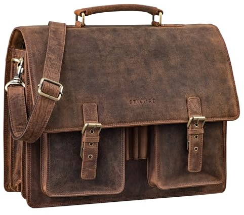 STILORD 'Anton' Sac Serviette en Cuir Véritable XL - Compartiment pour Ordinateur Portable de 15.6' - Amovible - Version Améliorée, Couleur:Kreta - Brun