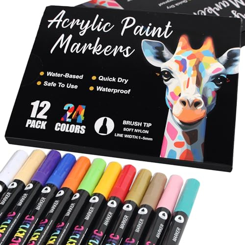 12 Acrylic Paint Pens with 24 Colours Brush Tip for Rock Painting Fabric Glass Stone Ceramic Wood Metal, Dual Tip Acrylic Markers for Adults, Paint Markers for Easter Egg Pumpkins Graffiti
