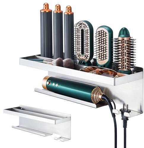 Soporte de Pared para Secador y Planchas – Organizador sin Taladrar para Planchas de Rizo, Cepillo de Aire y Accesorios de Maquillaje en baño,tocador– Acero Inoxidable,Organizador de Herramientas