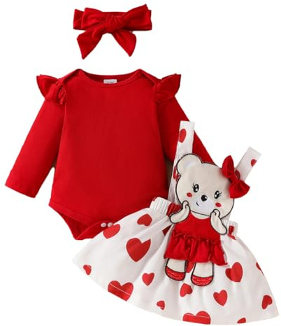 LUVCES Neonata Gonne Set Manica Lunga con Volant Pagliaccetto Top + Orso Cartone Animato Cuore Bretelle Abito Autunno San Valentino Abiti Completo Set Orso rosso cartoni animati 12-18 Mesi