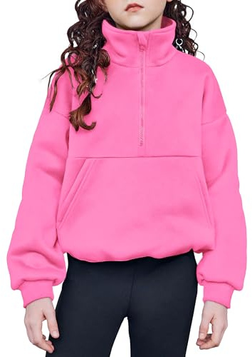 Arshiner Girls Half Zip Sweatshirt with Drawstring Hem Fleece Quarter Zip Pullover Sweatshirts Fall Clothes for Teen Girl Pink Sweatshirts Sweatshirt For Girls 10-12