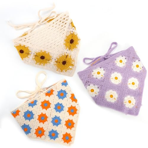 3pcs Boho Floral Crochet Bandanas for Women, Soft Knitted Headscarf Bohemian Flower Bandana Headband Hair Scarf Accessories for Women Girls Head ﻿ ﻿