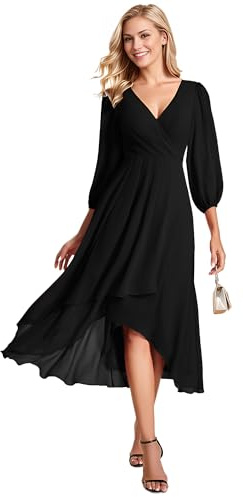 Ever-Pretty Abito da Cocktail in Chiffon a Maniche Lunghe e Asimmetriche da Donna Nero 44