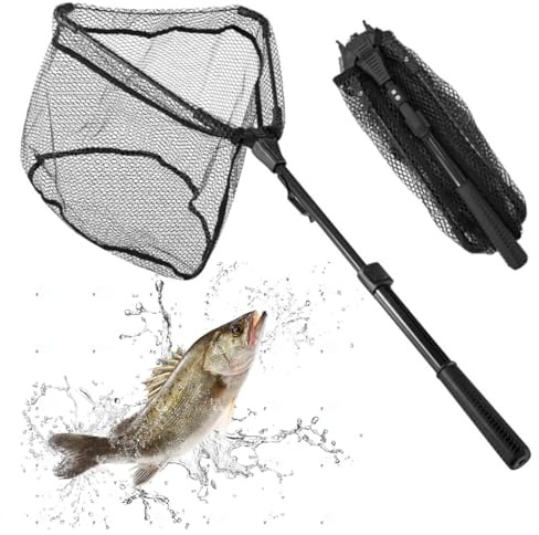 CEWROM Guadino da pesca con manico antiscivolo, guadino pieghevole, telescopico, per kayak, salmon, catfish, basso, facile da catturare e liberare
