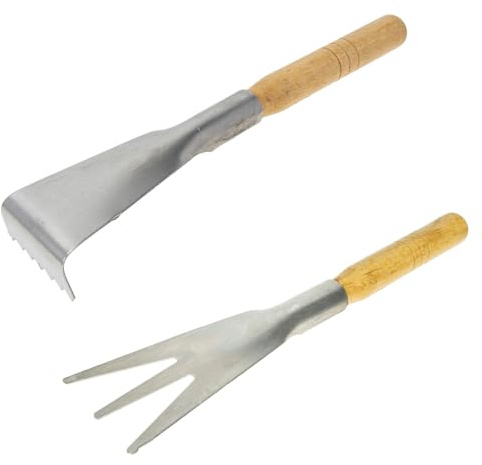 VOSAREA 2pcs Stainless Steel Garden Shovels with Toothed and Three-Prong Blades, Small Hand Trowels for Vegetable Digging, Weeding, and Planting, Gardening Tools for Home and Farm Use