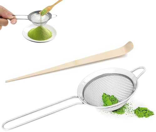 poraceous Pequeño Colador de Cocina, 8cm Acero Inoxidable Colador de Malla Fina, Coladors de Té con Mango, Tamiz Matcha con Cuchara de Bambú, para Tamizar, Colar, Escurrir, Excelente