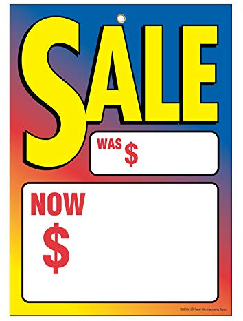 G60SAL Sale Multi Color was Now - Grommet Reinforced (Brass Ring) Sale Tags - 5 x 7 (100 Pack) Carpet and Flooring Store Price Cards 10pt Card Stock for Easy Writing