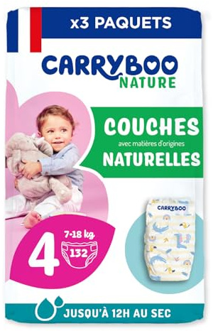 Carryboo - ekologiska blöjor storlek 4 (7 - 18 kg) - allergivänlig, parfymfri - tillverkad i Frankrike - 1 månad pack med 135 lager
