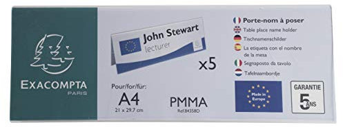 Exacompta 84358D 5er Pack Tisch-Namensschilder Querformat DIN A4 gefaltet aus hochwertigem Acryl beidseitig verwendbar UV beständig 30,0x10,5 cm Tischaufsteller Tischschild transparent