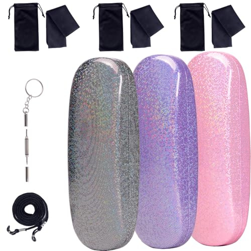 ADBGV 3pcs Unisex Hard Shell Glasses Case, Glasses Protector Case, Sunglasses Cases with Cleaning Cloth, Fixed Non-Slip Cord