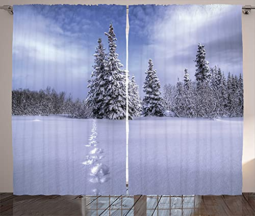ABAKUHAUS Non-Straight White Rustic Curtain, Snowy Scene Path Trees, Living Room Universal Tape Curtains with Loops and Hooks, 280 x 175 cm, Multicoloured
