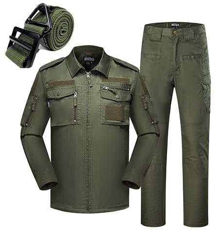 YuanDiann Män utomhus taktiska kamouflagekläder 3-delat set, skjorta & byxor & multifunktionellt bälte, vandring, bergsbestigning, militär, stridskamouflage jaktkläder