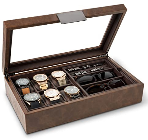 Glenor Co Valet Jewelry Box for Men - Holds 6 Watches, 12 cufflinks, 2 Sunglasses & Tray Storage - Mens Watch Case - Organizer w Metal Accents, PU Leather & Large Glass Lid - Brown