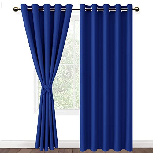 DWCN Blue Blackout Curtains with Tiebacks for Bedroom Thermal Insulated Solid Eyelet Curtains for Living Room,2 Panels,66 Wide x 90 Drop