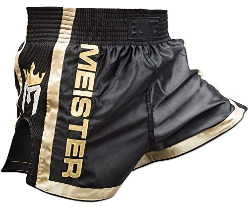Meister Elite Muay Thai Shorts - Fully Elasticated Waist w/Mesh - Black/Gold - X-Large (36-37)