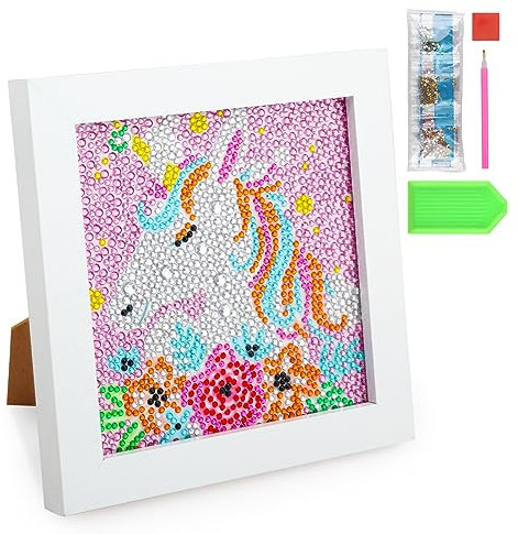 Fowecelt Diamond Painting Bilder Kinder: 5D DIY Diamond Painting Set Einhorn Bilder mit Steinen Kleben Mosaikherstellung Diamant Painting mit Rahmen für Kinder Mädchen Kunst Handwerk 18 X 18 cm