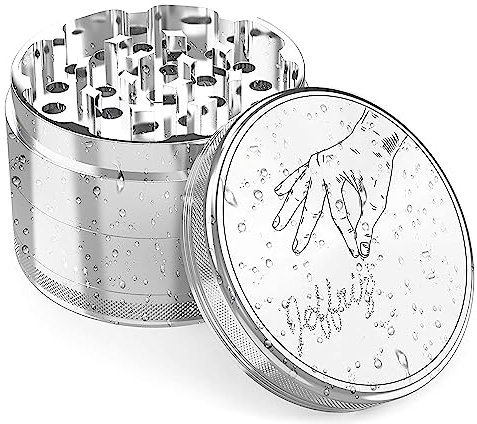 Grinder Erbe Secche Alluminio Anodizzato Grigio Argento 4 Pezzi | Grande Leggero Manuale CNC Metallo Spezie Antiaderente Setaccio Fino Pollen | Ø 63 mm | Scatola Regalo Premium | Jeffriz
