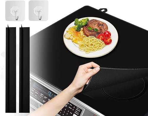 Cubierta para placa de cocina con 2 tiras de silicona, 73 x 52 cm, plegable, resistente al calor, resistente a los arañazos, protección contra salpicaduras (negro)
