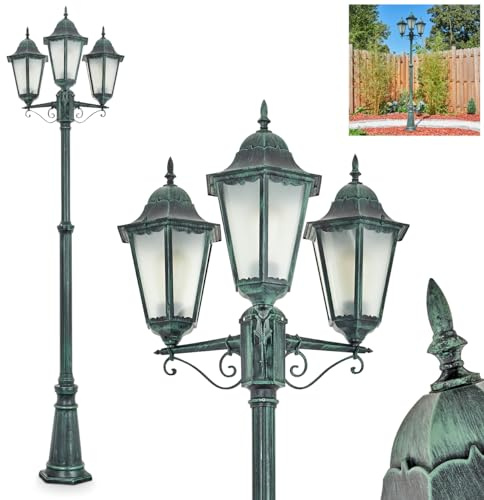 Lámpara de camino exterior Hong Kong, lámpara de camino de metal/cristal en negro verde/cristal esmerilado, candelabro de aspecto antiguo, altura máx. 245 cm, iluminación de jardín IP44, 3 x E27, sin