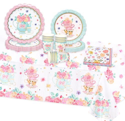 MAGLAUG Afternoon Tea Decorations Paper Plates Tableware Set, Floral Paper Disposable Plates Cups Napkins Table Cloth for Afternoon Tea, Birthday Mother's Day Baby Shower Anniversary (16guest)