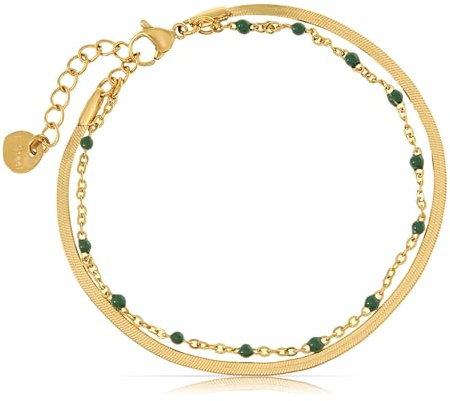 Made by Nami Acero Inoxidable Pulseras de Eslabones de Oro para las Mujeres Ajustable de Doble Capa de oro Pulsera de Cadena con Perlas de Colores 20 + 5 cm de Longitud (verde)