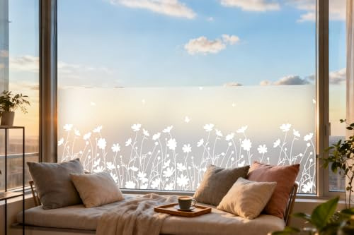DKTIE Window Privacy Film Flowers Pure White Pattern Stained Glass Window Film Decorative Frosted Glass Window Film Sun Blocking Heat Control Static Cling (A274, 17.5 x 78.7)