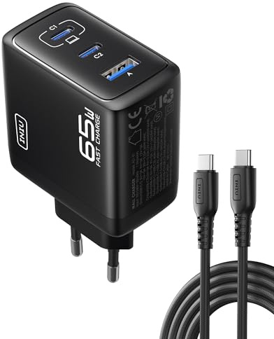 INIU 65W USB C-Laddare, 3 Portar Multipel Strömförsörjning med USB-C-Kabel, PD 3.0 Snabbladdningskontakt, Typ C-adapter kompatibel med iPhone 16 15 Pro Max, iPad Air, Samsung Galaxy S24 S23 Ultra etc. | Avancerat skydd, vikbar kontakt, GaN-teknik, för MacBook Air/Pro, iPad, iPhone 17/16, Samsung S25, Switch 2 etc