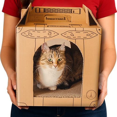 KEHAla Cardboard Cat Carrier for Adoption & Travel – 3-in-1 Pet Carrier, Scratcher, and Hideout – Eco-Friendly & Biodegradable – Cat Scrach Box – 15.7x13.6x13.6
