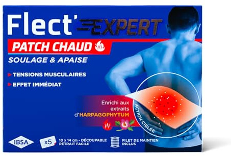 IBSA Pharma - Flect'Expert Patch Chaud - Tensions Musculaires Localisées - Apaise et Soulage - Extraits d'Harpagophytum - Technologie Hydrogel - Boîte de 5 Patchs + Filet de Maintien - Cosmétique