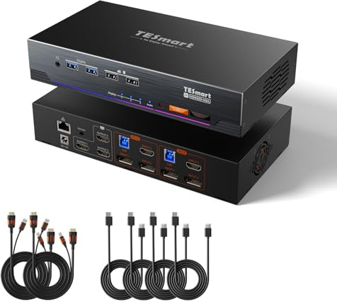 TESmart 4K@144Hz Displayport HDMI KVM Switch 3 Monitor 2 PC, USB 3.0 HDMI 2.1 DP 1.4 KVM Umschalter Triple Monitore 8K@60Hz für Gaming, EDID Gigabit Netzwerk VRR HDR Dolby Vision Hotkey Switch 6 kabel