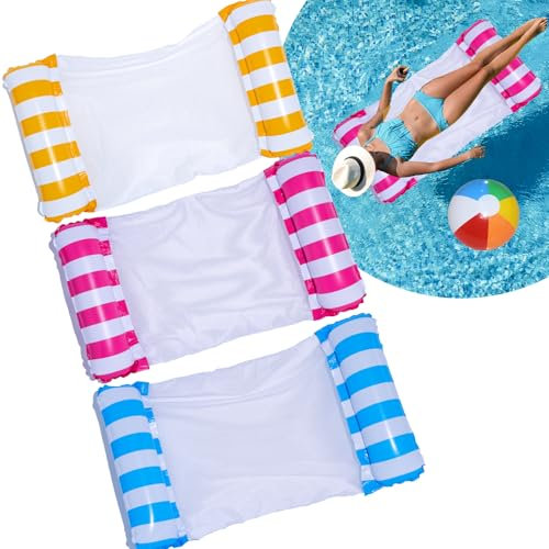 3 Pack Pool Float Water Hammock for Adults, Inflatable hammock for Swimming Pool Float, 4-in-1Multi-Purpose Inflatable Hammock Bed Raft Recliner Float Lounger with a Manual Air Pump