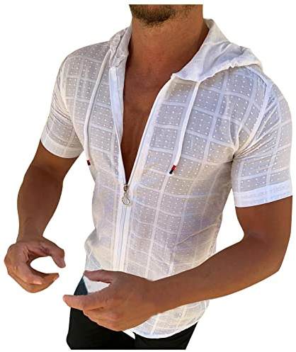 Hemd Herren Kurzarm mit Kapuze Sommerhemden Baumwolle Shirt Herrenhemd Sommer Kurzarmhemd Kapuzenhemd Freizeithemd Strandhemd