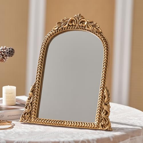 HuiDao Miroir de maquillage vintage - Style antique - Arche chic - Doré - Cadre en bois sculpté - Pour salon, chambre à coucher, table - 30 x 24,4 cm