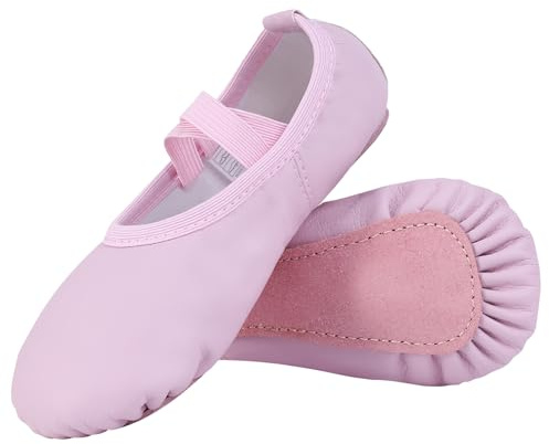 Acfoda Ballet Shoes for Girls PU Leather Full Sole Dance Flats with Elastic Straps Ballerina Slippers Gymnastics Yoga Women Adults Pink 2 UK