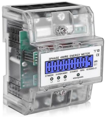 GOMETY Stromzähler Hutschiene, 3-Phasen 4-Draht Geeicht Stromzähler Digitaler Drehstromzähler Hutschiene 230/400V 5-100A mit LCD Digitaler Stromzähler Drehstromzähler für DIN Zwischenzähler Strom