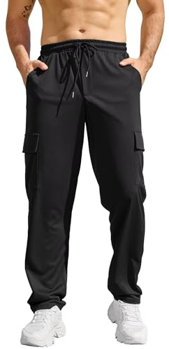 Elainone Men's Tracksuit Bottoms Lightweight Cargo Joggers Quick Dry Gym Trousers Breathable Running Sweatpants with 6 Pockets Elastic Waist for Work Hiking Training Black