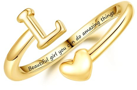 Turandoss Heart Initial Ring for Teen Girls Kids Gifts Trendy Stuff | Kids Rings for Girls, Non Tarnish 14K Gold Silver Plated, Adjustable A-Z Letter Ring, Birthday Gifts for Teen Girls Kids