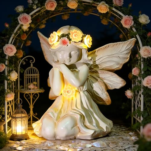 ZMCVOE Estatuas de ángel solar de jardín, escultura decorativa de ángel, resistente a la intemperie, figura LED de ángel de hada, ángel solar para tumba para exteriores, jardines y terrazas (ángel