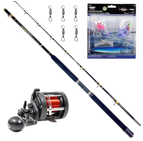 Fladen Havsfiskeset 180 cm – Komplett Fiskeset för Båtfiske med Multirulle, 0,60 mm Nylonlina, Pilk & Tackel – Havsfiskespö för Torsk, Makrill och Havsfiske
