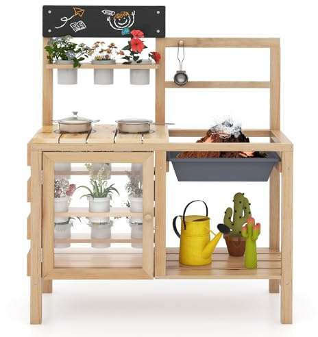 Maxmass Kids Mud Kitchen, Outdoor Potting Bench Table with 12 Plant Cups, Sink, Stoves, Blackboard, Accessories, Garden Children Role Play Kitchen Toy Set for 3+ Years Old Boys Girls