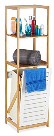 Relaxdays Estantería de Baño con Cesto para Colada, Beige-Blanco, Bambú-Tela, 130 x 37 x 33 cm